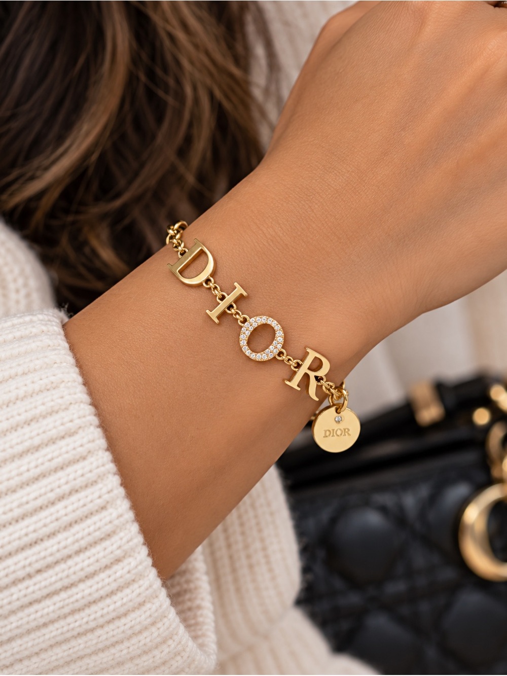 Christian Dior Logo Crystal Bracelet Gold Tone